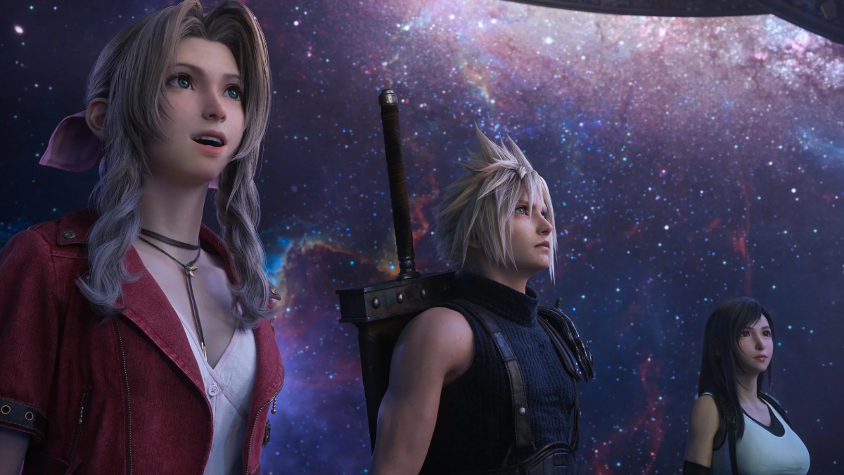 A group of characters looking upwards in Final Fantasy 7 Rebirth.