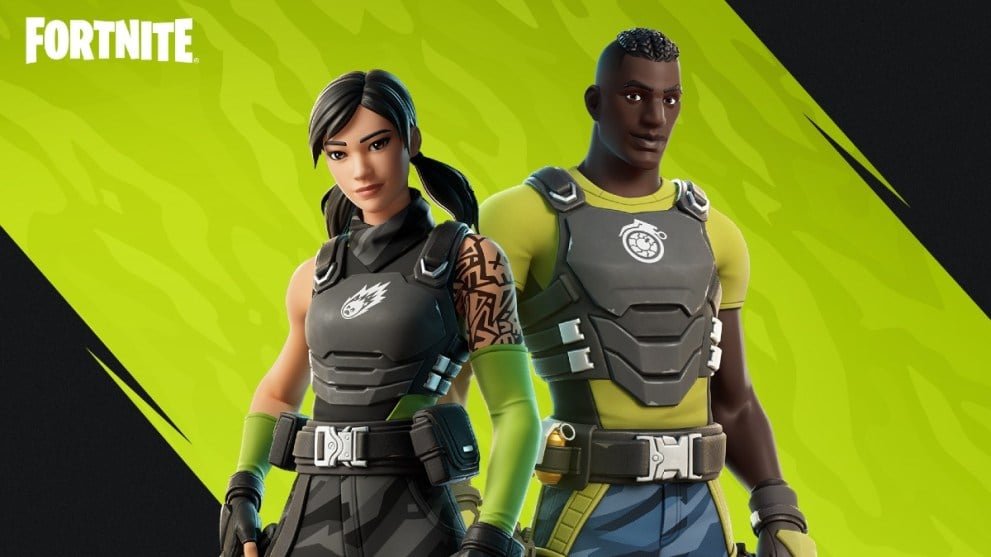 Two Fortnite characters against a yellow and black background.