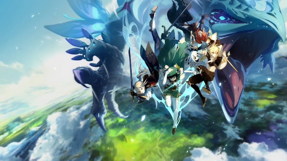 Players fleeing from a dragon in Genshin Impact.