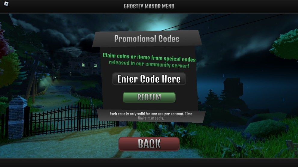 The code redemption menu in Ghostly Manor.