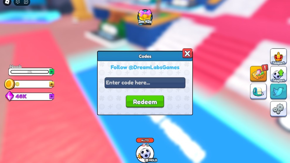 The code redemption page in Goal Kick Simulator.