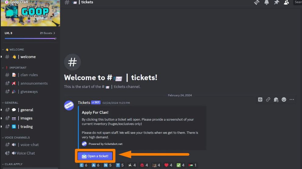 Goop Pet Sim 99 clan discord application channel