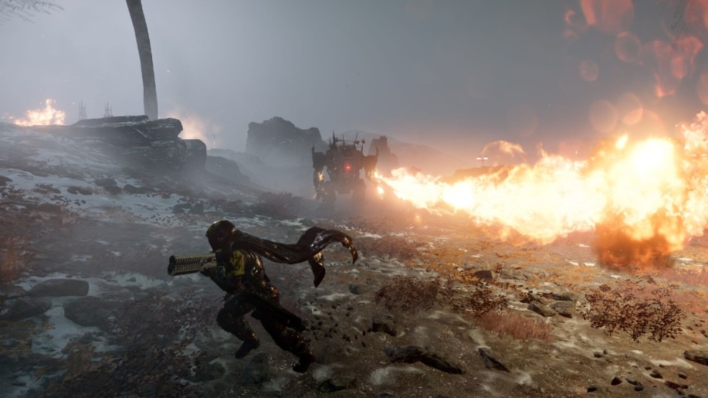 A player running from a robot in Helldivers 2.