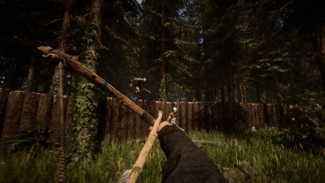 The player character aiming at a mutant in Sons of the Forest.