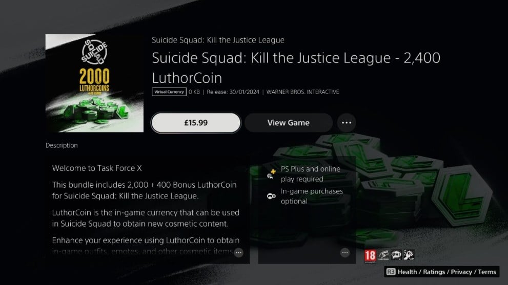 The Luthorcoins storefront page for Suicide Squad Kill the Justice League.