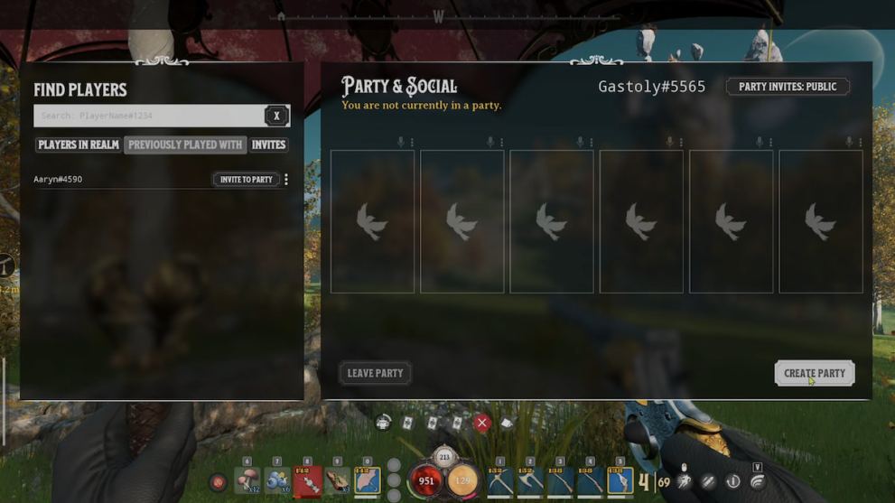 The party screen interface in Nightingale