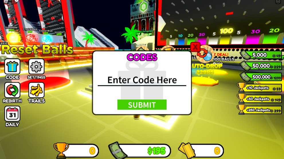 The code redemption screen in Jackpot Tycoon.