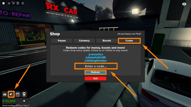 Roblox Midnight Chasers Highway Racing codes redemption menu