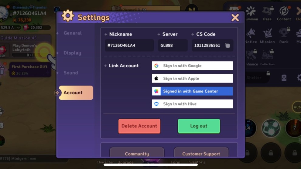 The Settings menu in Soul Strike Idle RPG