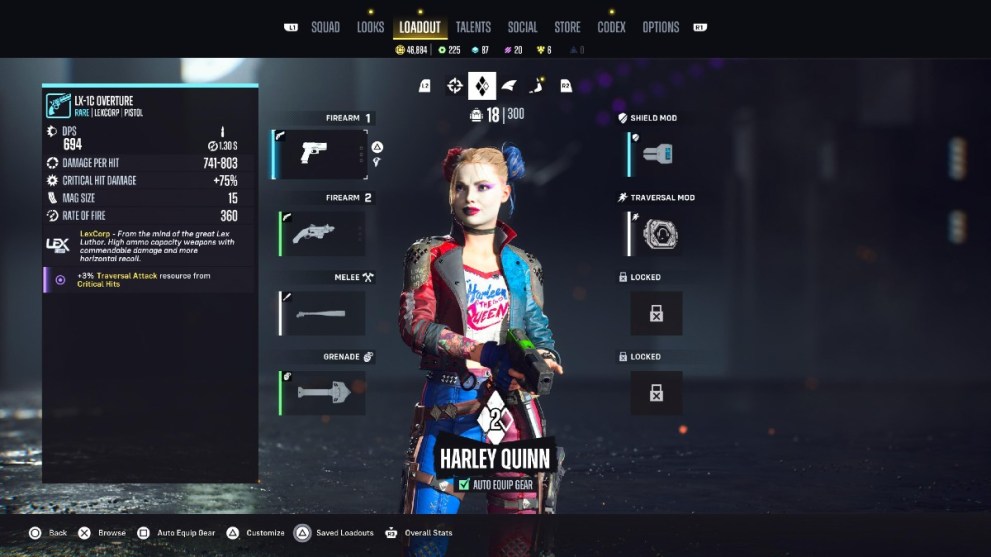Harley Quinn loadout menu in Suicide Squad Kill the Justice League.