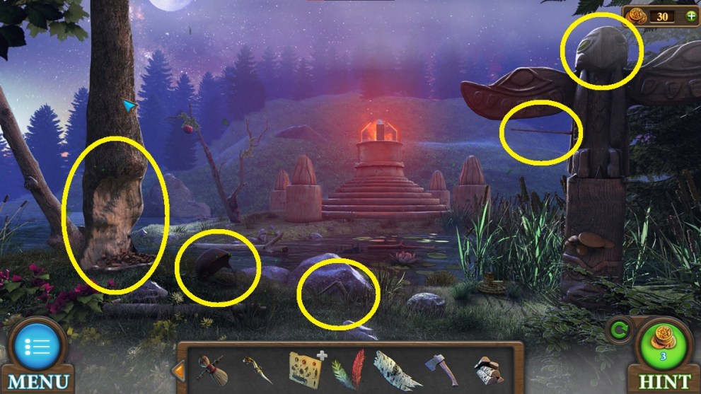 the location of handle, totem, empty cauldron, and tree