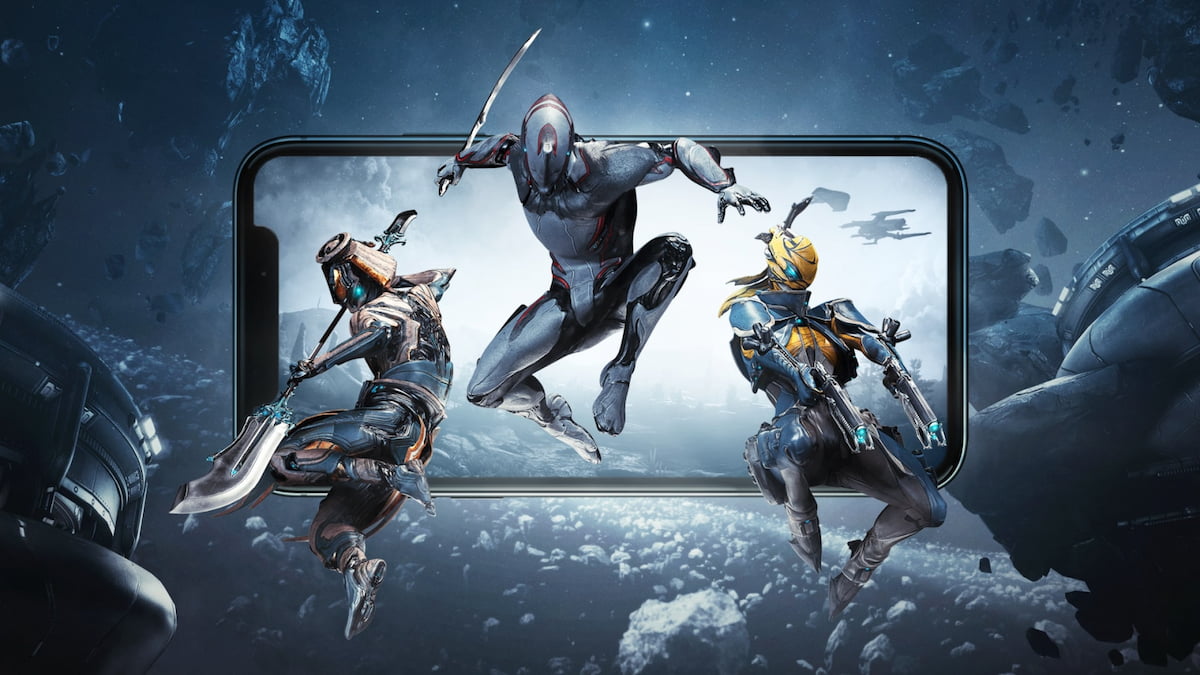Three warframes jumping out of a mobile device's screen