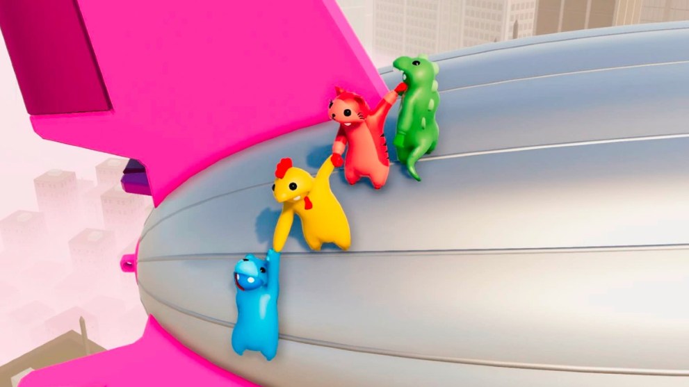 Characters about to fall off of a blimp in Gang Beasts.