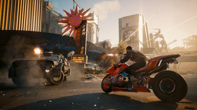 V Fighting Combat Vehicle While Riding Bike in Cyberpunk 2077 (Best PS5 RPGs)