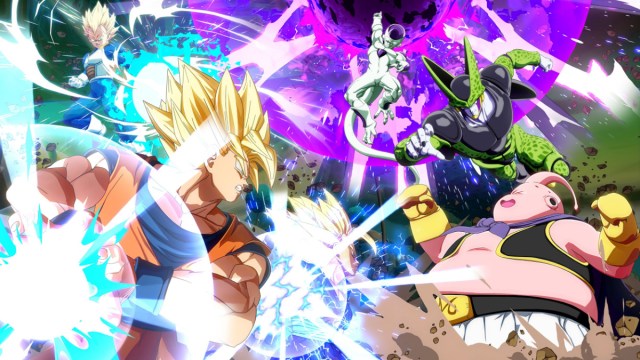 Key Art of Saiyans Clashing With Cell, Buu, and Frieza in Dragon Ball Fighterz