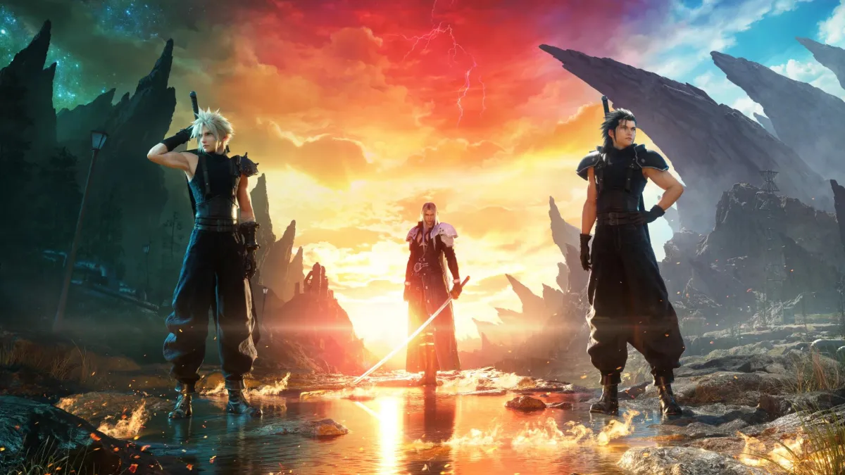 Final Fantasy VII Rebirth Key Art of Cloud, Sepiroth, and Zach Standing in Different Realities (Best PS5 RPGs)