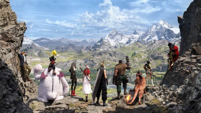 Main Party Sitting Together and Overlooking Open World in Final Fantasy VII Rebirth