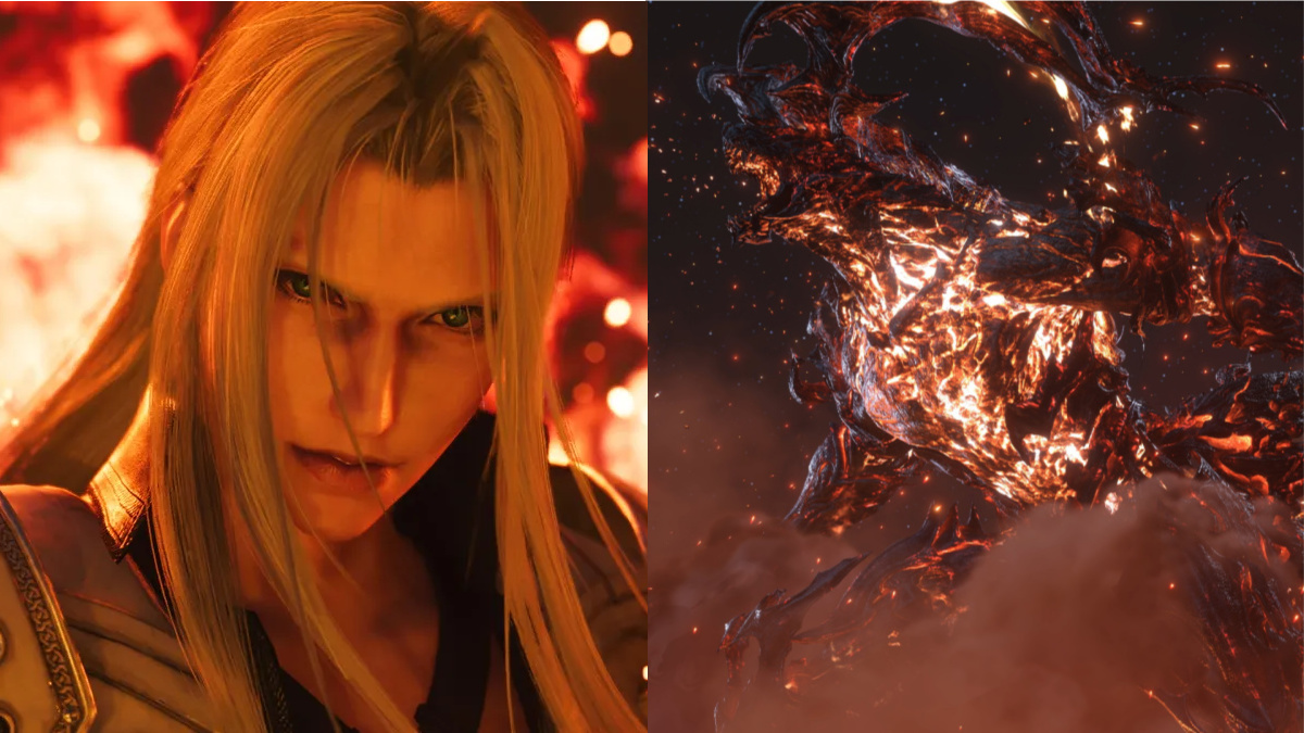 Collage of Final Fantasy XVI and Final Fantasy VII Rebirth Screenshots of Ifrit Eikon and Sephiroth