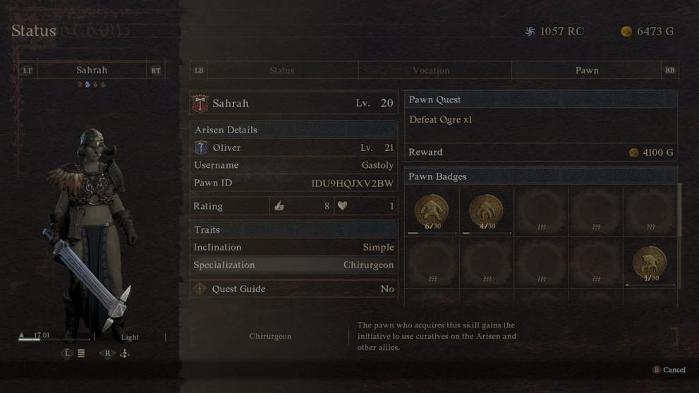 A pawn in Dragon's Dogma 2 with the chirurgeon specialization