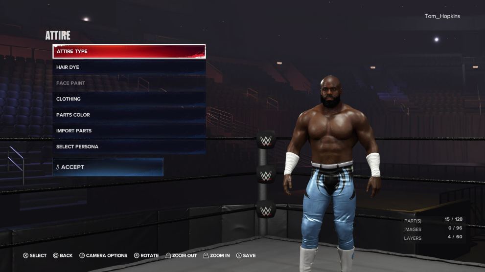 the menu where you choose what to alter about a character in WWE 2K24