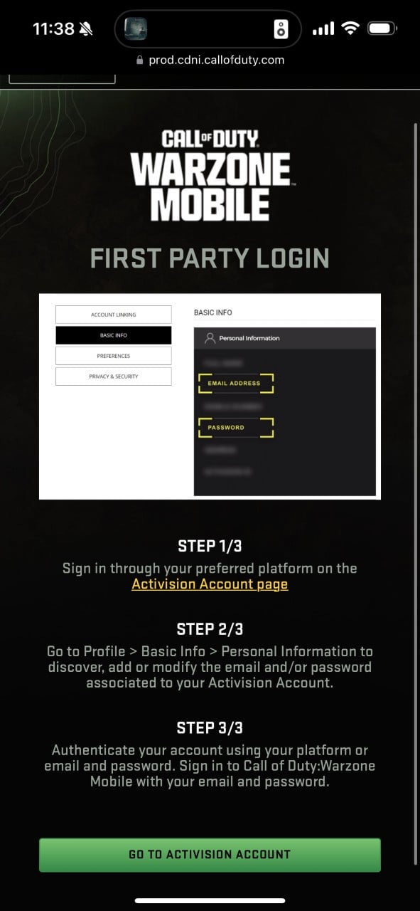 log in instructions screen in Warzone mobile