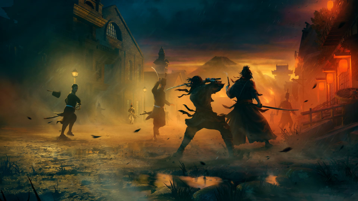 Rise of the Ronin Key art of Ronin in Village With Swords and Guns (Best Ranged Weapons)