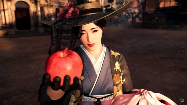 Shogunate Supporter Murayama Handing Player Character an Apple in Rise of the Ronin