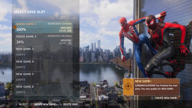 View of New Game Plus mode option in Spider-Man 2