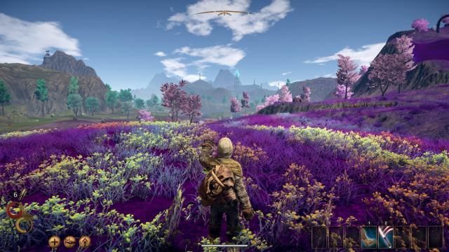 The player standing in a field of flowers outside in Outward: Definitive Edition