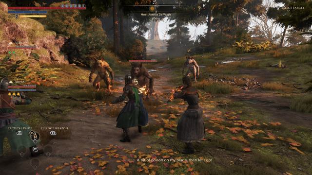 A player and his NPC partners fighting enemies in GreedFall
