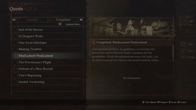 View of Completed Quests List in Dragon's Dogma 2
