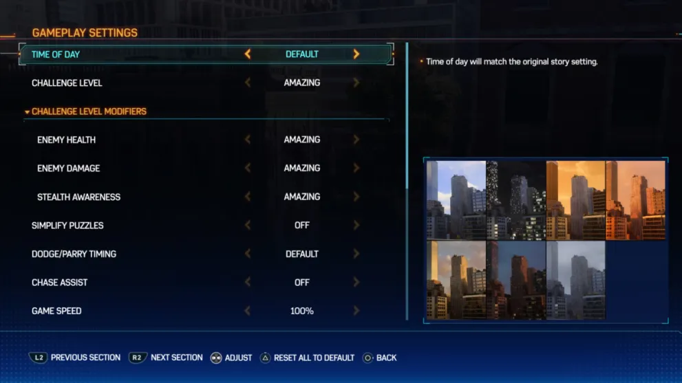 View of Change Time of Day option in Gameplay Menu of Spider-Man 2