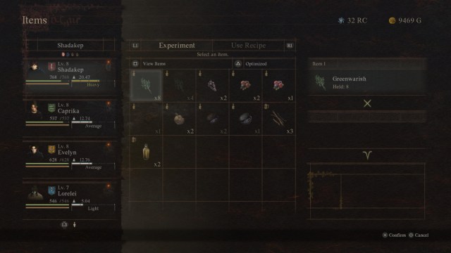 View of Combination Crafting Experimentation Menu in Dragon's Dogma 2