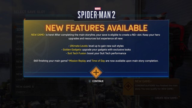 View of New Game Plus Bonuses in Spider-Man 2