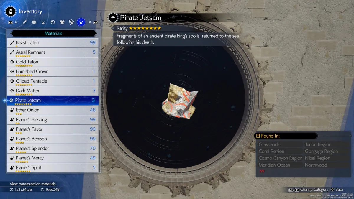 View of Pirate Jetsam Crafting Material Page in FF7 Rebirth