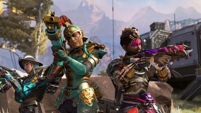 Three characters aiming weapons in Apex Legends.