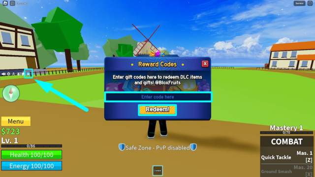 Codes redemption menu in Blox Fruits Roblox experience