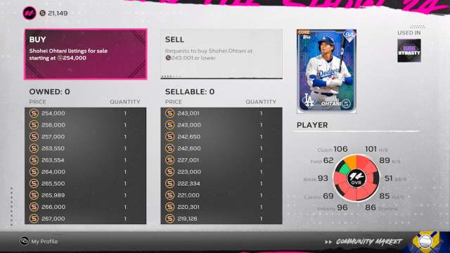 Buy and Sell cards menu in MLB The Show 24