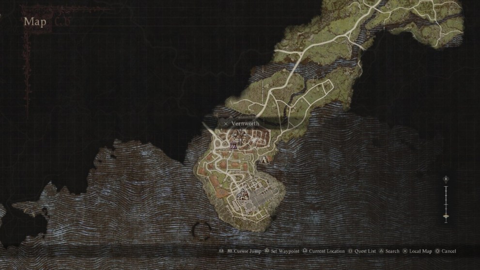 The map of Vernworth in Dragon's Dogma 2.
