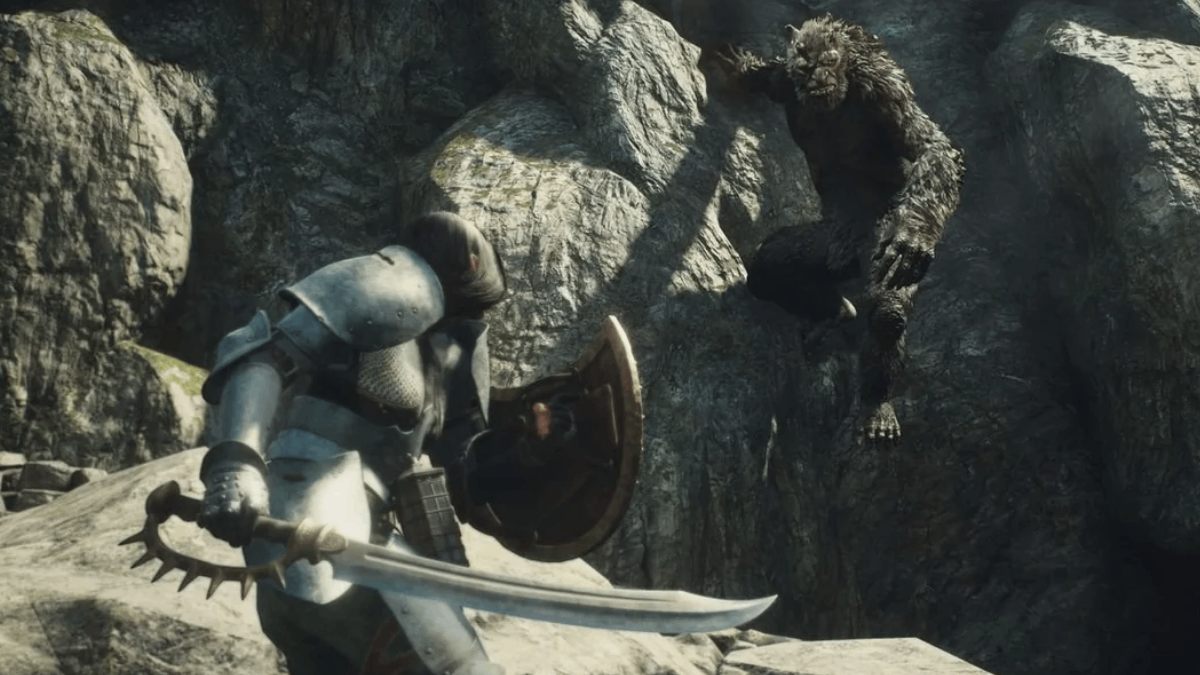 Dragon's Dogma 2 fighter facing ogre on cliff