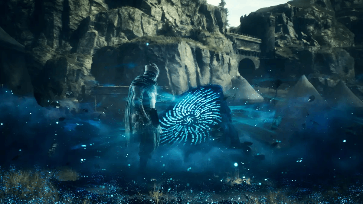 Dragon's Dogma Myrrman sorcery maister arisen in front of blue rift stone
