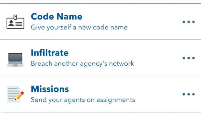 A range of available activities for secret agents in BitLife.