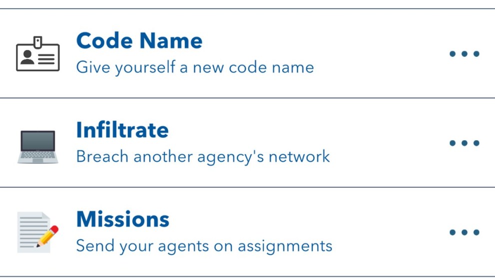 A range of available activities for secret agents in BitLife.