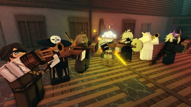 A group of NPCs playing musical instruments in Deepwoken.