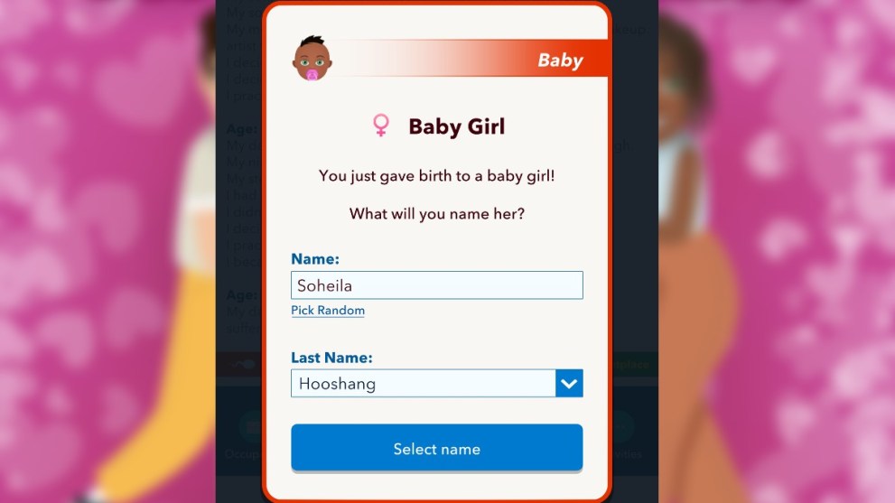 Naming a baby girl in BitLife.