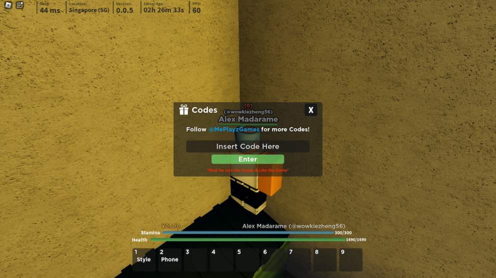 Codes redemption menu in Revengers Dream Roblox experience