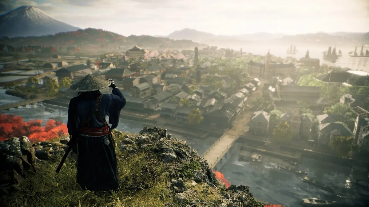 A character looking over the landscape in Rise of the Ronin.