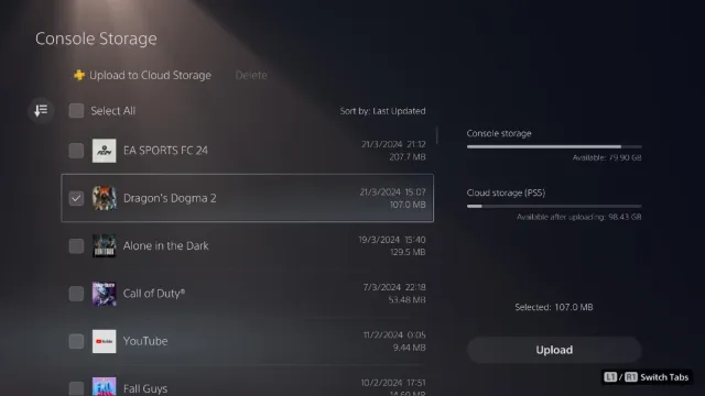 The screen to delete Dragon's Dogma 2 save files on PS5.