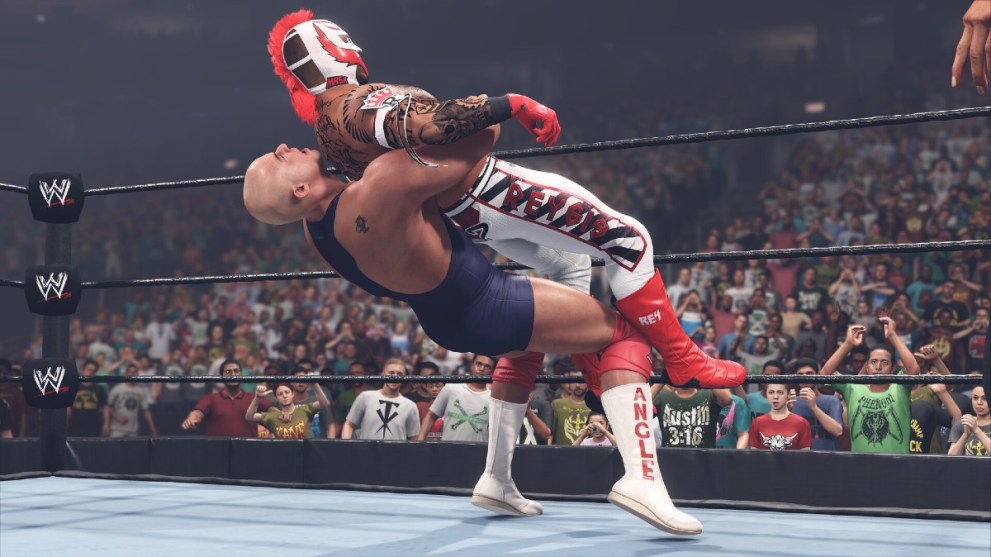 Kurt Angle performing an RKO in WWE 2K23.