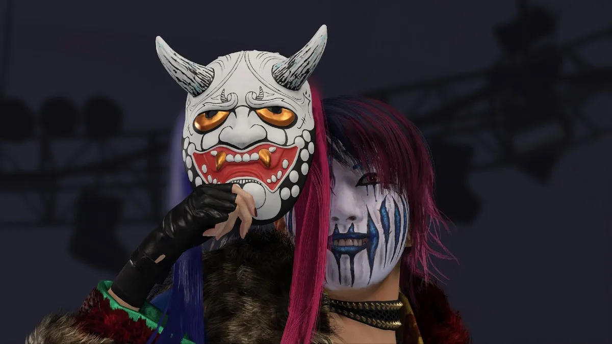 A wrestler lifting up their mask in WWE 2K24.